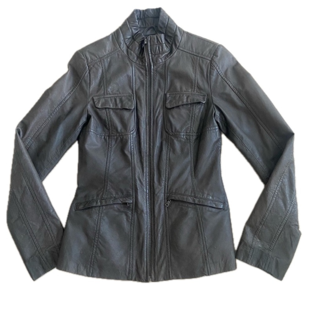 DANIER Genuine Leather Jacket XS Brown Fitted Mock Neck Tailored EUC